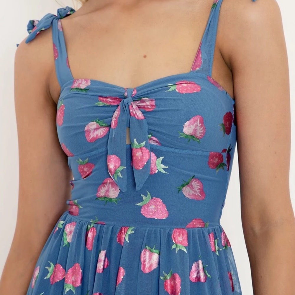 Blackmilk Strawberries Blue Sweet Tie Short Dress - Limited Size S View 5